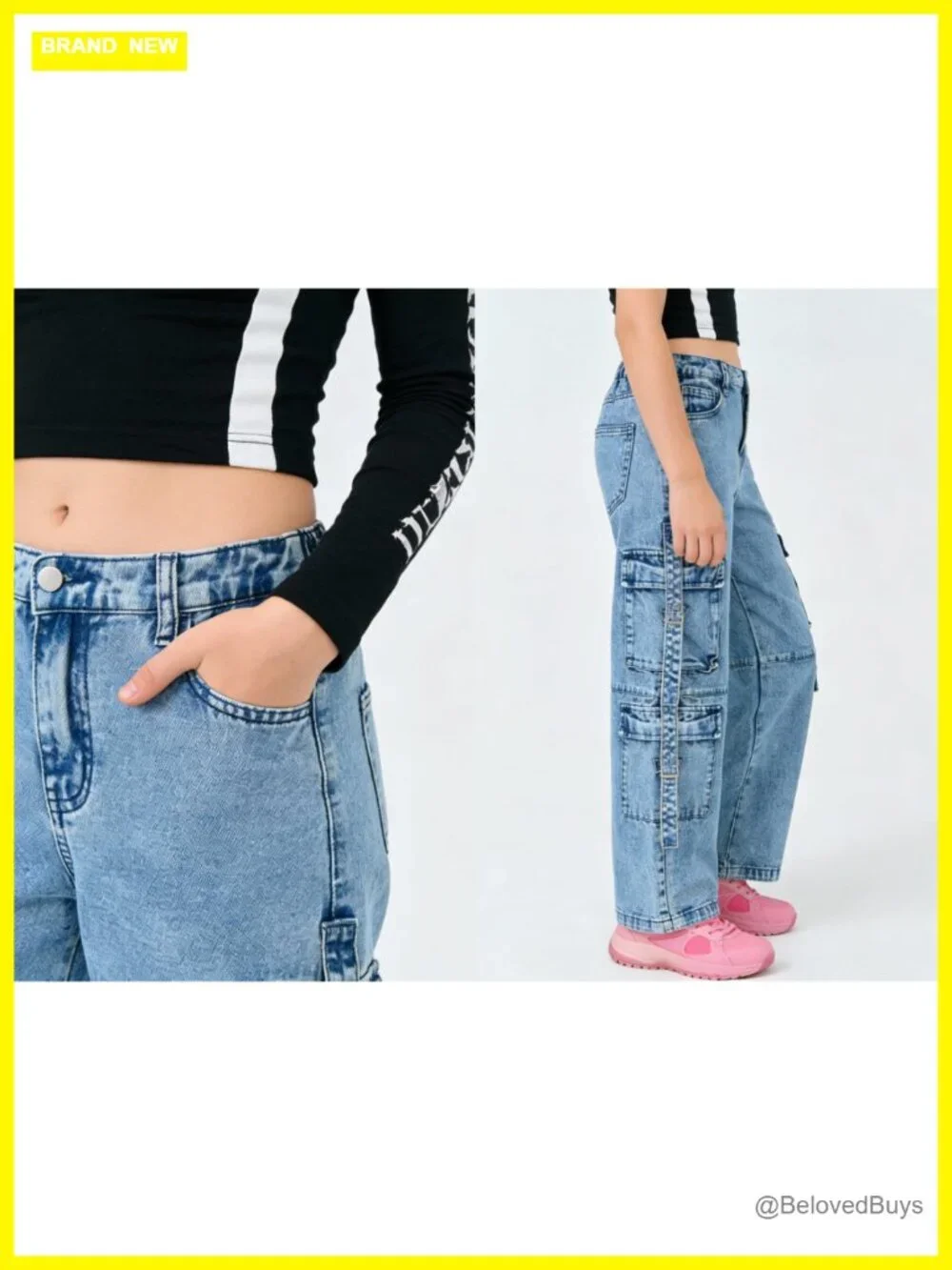 Girls Baggy Cargo Jeans Y2K Straight Leg Denim Pants Elastic Waist
